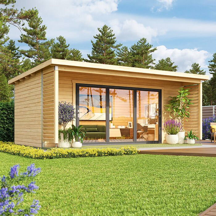 Orello – Modernes Gartenhaus mit Panoramafalttüren aus Massivholz | Orello 3 mit 44 mm Wandstärke